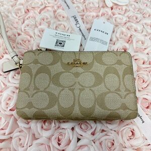 Coach Khaki Signature Canvas Wristlet with Chalk Trim